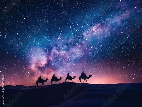 A traditional camel caravan traverses the desert under a mesmerizing starry sky, evoking a sense of adventure and tranquility. 