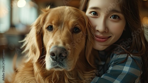 A girl in a cozy embrace with her golden retriever, conveying love and friendship.