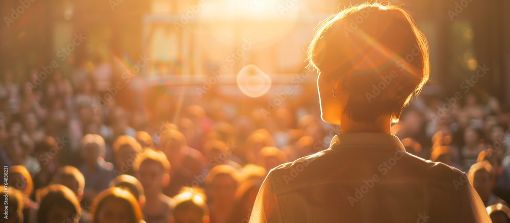 A young woman giving speech with many people in the audience - obrazy, fototapety, plakaty 