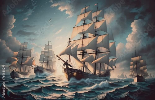 Fleet of 18th century sailing ships navigating the high seas photo