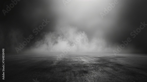An abstract depiction of a dark room with a concrete floor, serving as a black stage or room background, ideal for product placement, accompanied by a panoramic view of white mist, fog, or smog photo