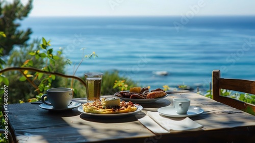 A quaint cafÃ© by the seaside, where breakfast is served with views of the ocean. 