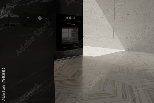 Modern black kitchen  in the evening sunlight. 3D Rendering