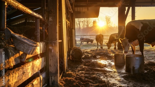 A quaint countryside dairy farm at sunrise, where a farmer milks cows in a rustic barn.  photo