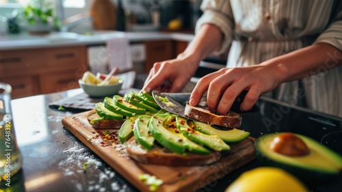 A quiet morning in a sunny kitchen, where a person slices a ripe avocado for breakfast. 