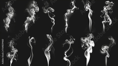Another set of white smoke patterns displayed against a black background, offering a variety of smoke formations for different creative projects