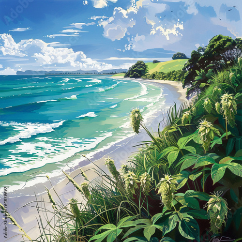 beach with surf, hop plantation in the background, new zealand, sunny day, illustration