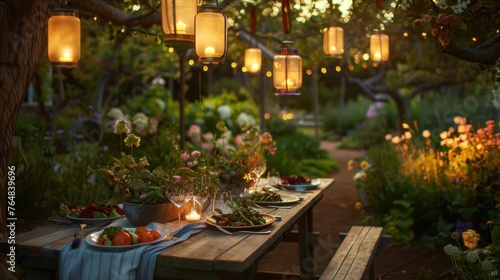 A romantic outdoor dinner, set in a vegetable garden at twilight. The table is adorned with dishes