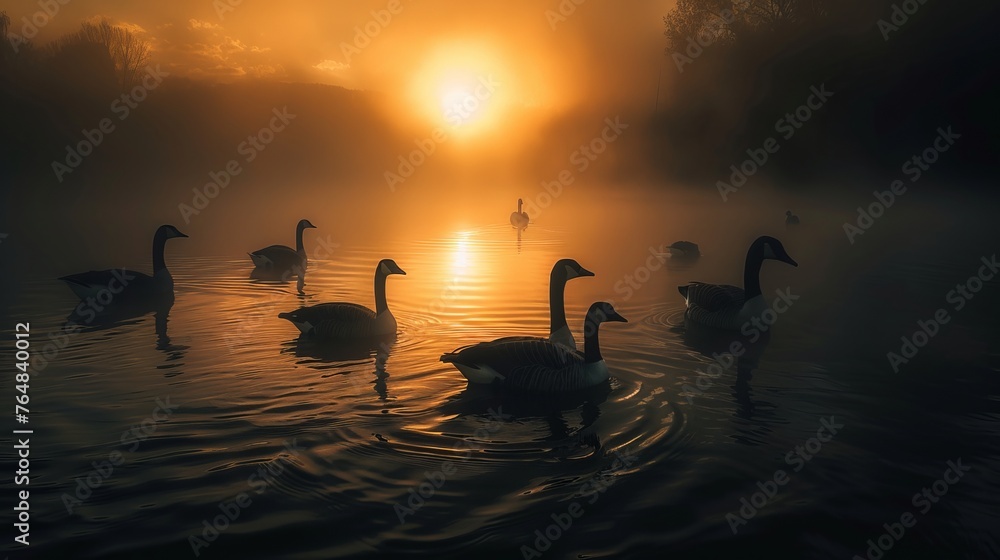 Silhouettes of common geese emerging through misty waters at twilight, casting mystical auras in a serene setting