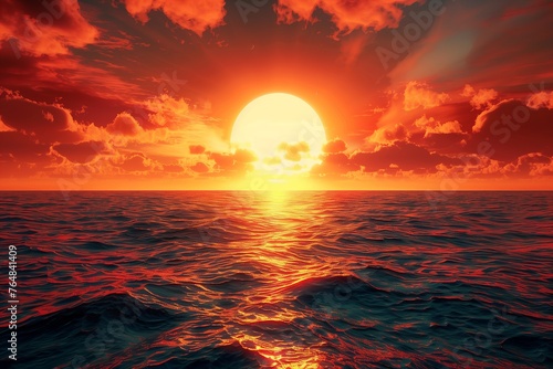 sunset over the sea with the big red sun in the center 