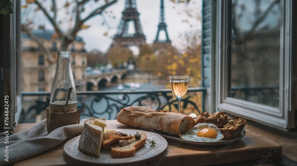 A solo traveler's breakfast in a small Parisian apartment, with a simple yet delicious spread of a fresh baguette