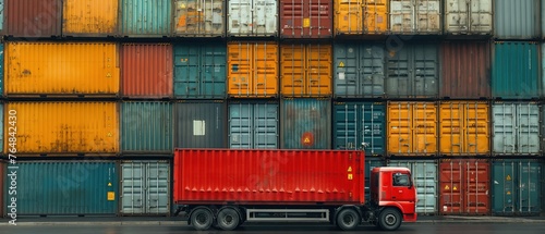 red truck with stack of containers at cargo port as background, Generative Ai