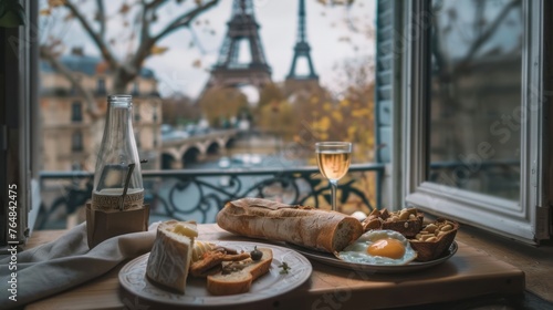 A solo traveler's breakfast in a small Parisian apartment, with a simple yet delicious spread of a fresh baguette