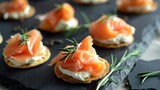 A sophisticated cocktail party, where a caterer artfully arranges canapÃ©s of smoked salmon and cream cheese on slate platters. 
