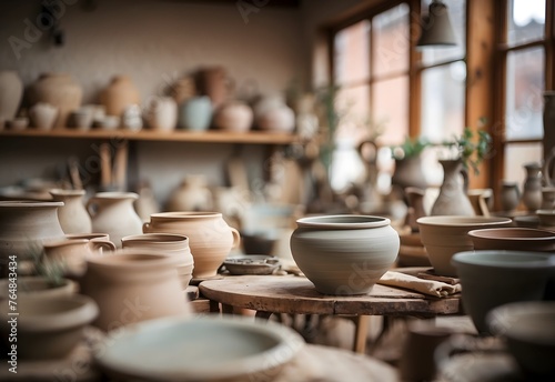 Blurred image of a rustic pottery studio, generative AI