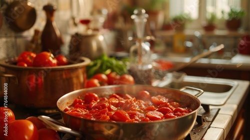A traditional Italian kitchen, where a family gathers to make homemade tomato sauce. 