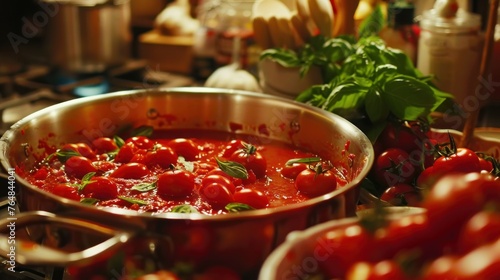 A traditional Italian kitchen, where a family gathers to make homemade tomato sauce. Ripe tomatoes are washed, chopped, and simmered with garlic and basil, 