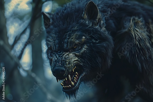 Savage Werewolf Snarling in Misty Moonlit Forest