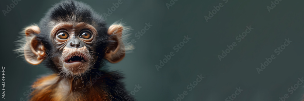 A monkey with a big nose and big ears is staring at the camera. The image has a playful and curious mood. funny animal. funny animals card. a positive mood - obrazy, fototapety, plakaty 