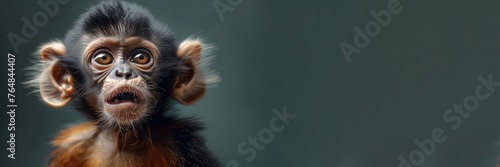 A monkey with a big nose and big ears is staring at the camera. The image has a playful and curious mood. funny animal. funny animals card. a positive mood photo
