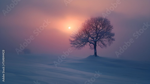 A lone tree with the sunset on a blue snow covered field, ethereal nature scenes