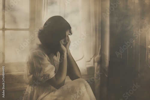 Vintage Mourning Woman Pensive in Solitary Sepia-Toned Room