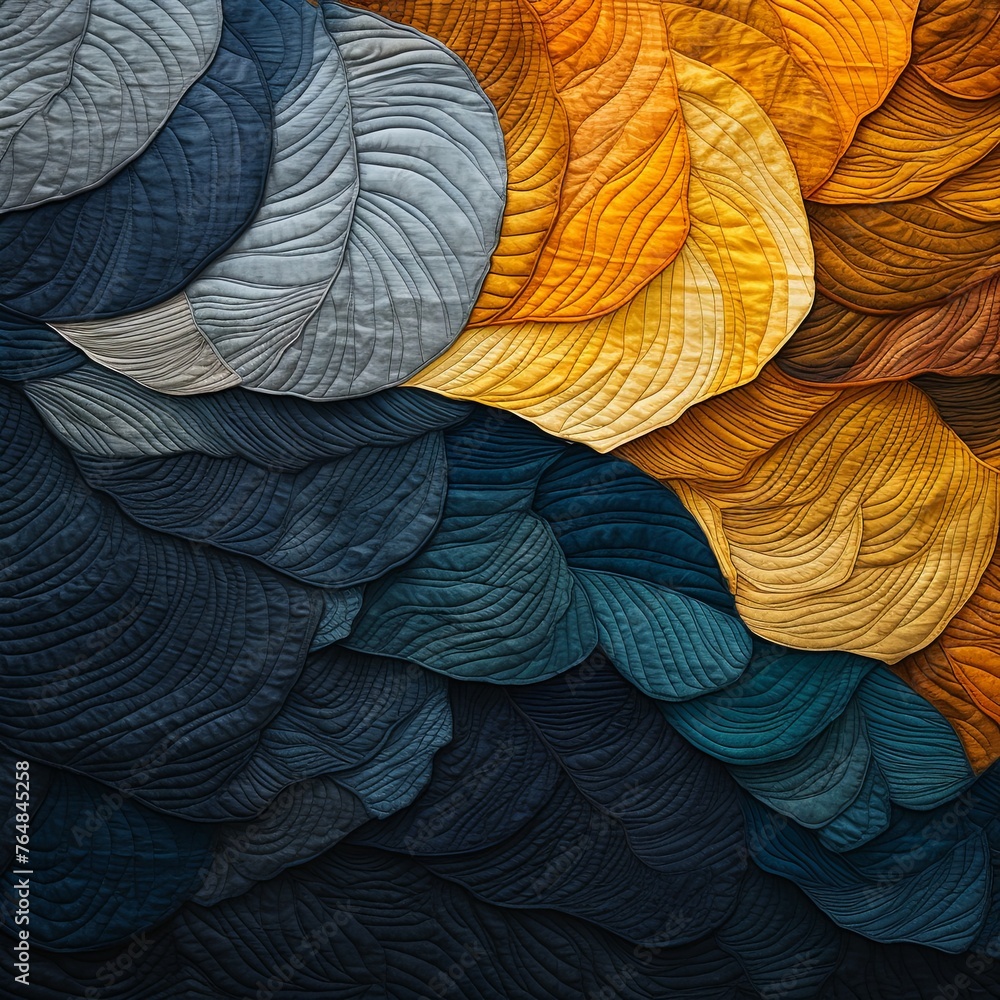 an abstract quilt made of indigo and green colors, in the style of naturalistic landscape backgrounds