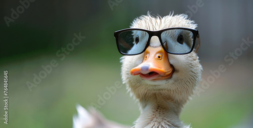 A duck wearing sunglasses and a hat. The duck is wearing sunglasses and a hat  giving it a cool and stylish appearance. stylish funny duck wit. funny animals card. a positive mood