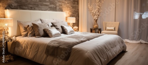 A comfortable and inviting bedroom with a neatly made bed and a soft glowing lamp, creating a warm and intimate atmosphere