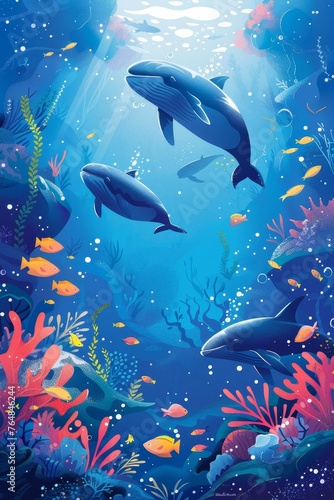 illustration of whales and sealife in marine blue underwater sea world © urdialex