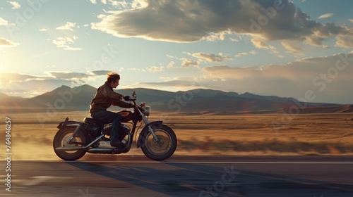 motorcyclist riding a bike free on a desert roadr landscape