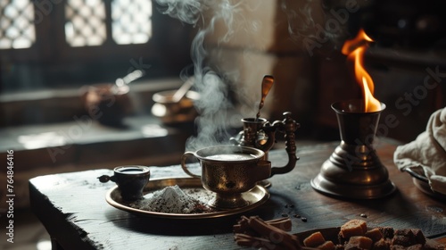 A traditional Turkish coffee preparation set in an old-world kitchen, with a small, brass cezve filled with finely ground coffee and water, slowly heated over an open flame.  photo