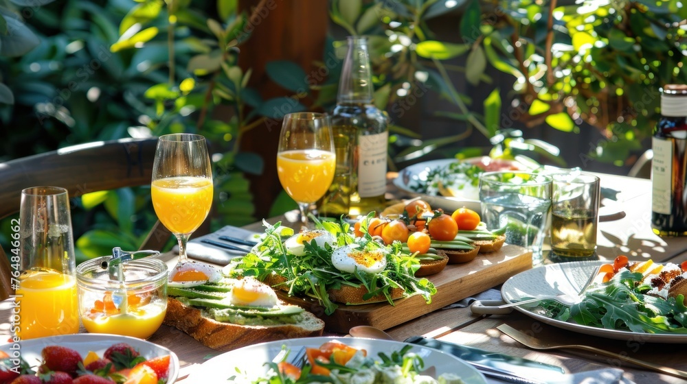 A vibrant brunch spread on a sunny garden patio, featuring avocado toast on artisanal bread, a colorful fruit salad, and poached eggs served on a bed of arugula with a drizzle of hollandaise sauce. 