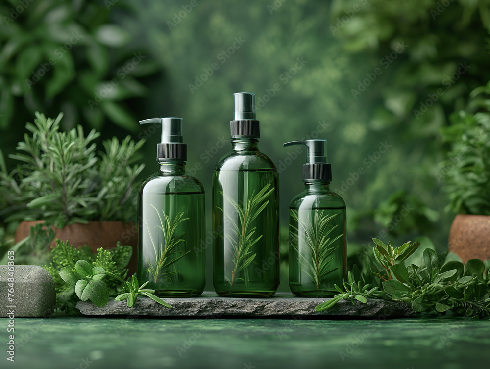 Green Recycled Cosmetic Bottles Mockup with Plants. Eco-friendly cosmetic bottles mockup, green design for sustainable development, surrounded by plants. Green Recycled Cosmetic Bottles Mockup with Plants. Eco-friendly cosmetic bottles mockup, green design for sustainable development, surrounded by plants.