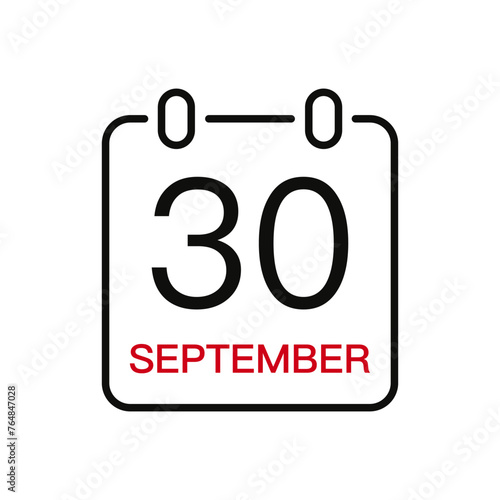 September 30 date on the calendar, vector line stroke icon for user interface. Calendar with date, vector illustration.