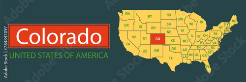 Banner, highlighting the boundaries of the state of Colorado on the map of the United States of America. Vector map borders of the USA Colorado state.