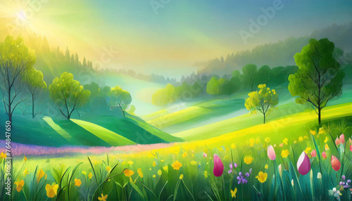 Beautiful spring landscape with grass and flowers