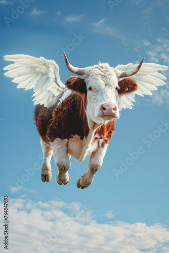Winged cow soaring through the blue sky.