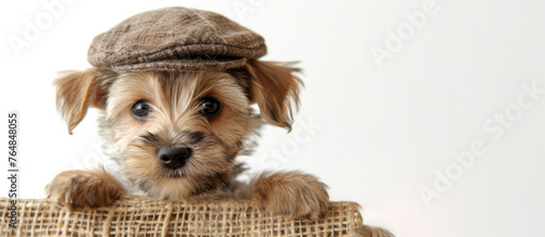 A small dog wearing a hat is looking at the camera. The hat is brown and has a brim. Scene is cute and playful. Cute puppy dog in a cap holds with paws sign for text on white background