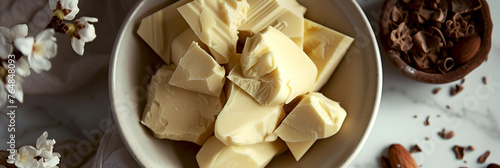 Chunked white cocoa butter in bowl, rich in aroma for cosmetics. Cocoa butter, versatile ingredient in beauty industry and baking. Essential for chocolate making, organic cosmetics, immune stimulation photo