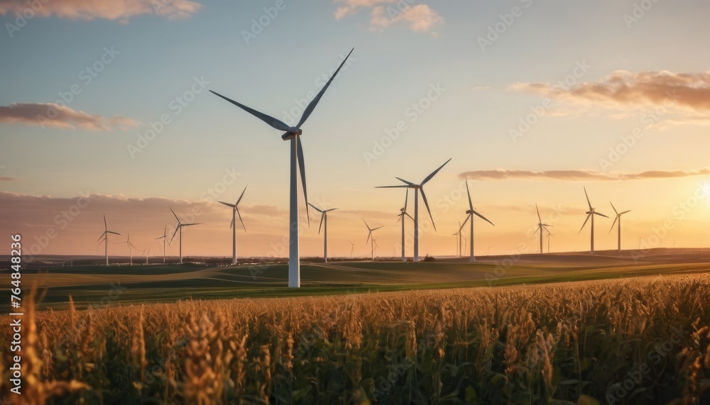 Dawn breaks over a wind farm, the turbines' profiles etched against the awakening sky. It's a symbol of a new day for sustainable energy sources. AI generation AI generation Dawn breaks over a wind farm, the turbines' profiles etched against the awakening sky. It's a symbol of a new day for sustainable energy sources. AI generation AI generation