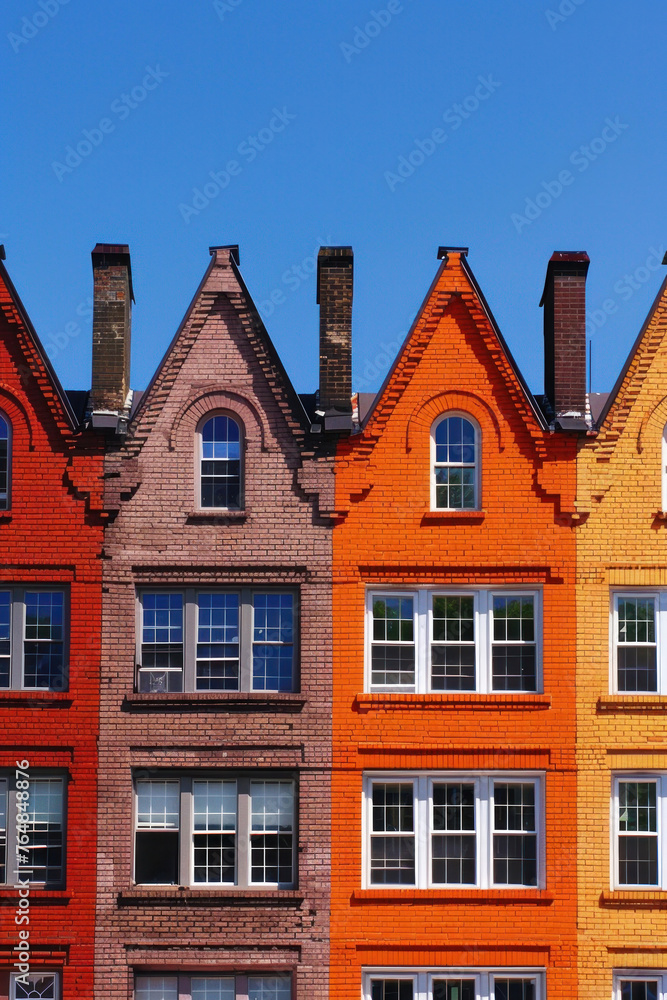 Row of colorful brick cottages, red brick country houses, blue sky, houses are almost identical and located next to each other
