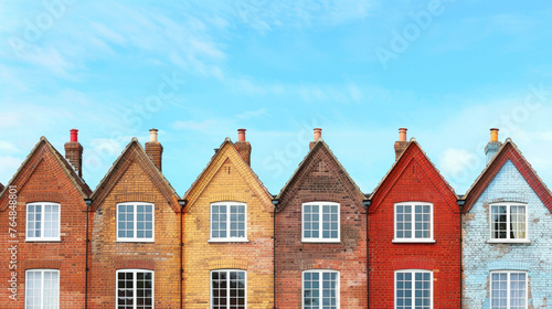 Row of colorful brick cottages, red brick country houses, blue sky, houses are almost identical and located next to each other