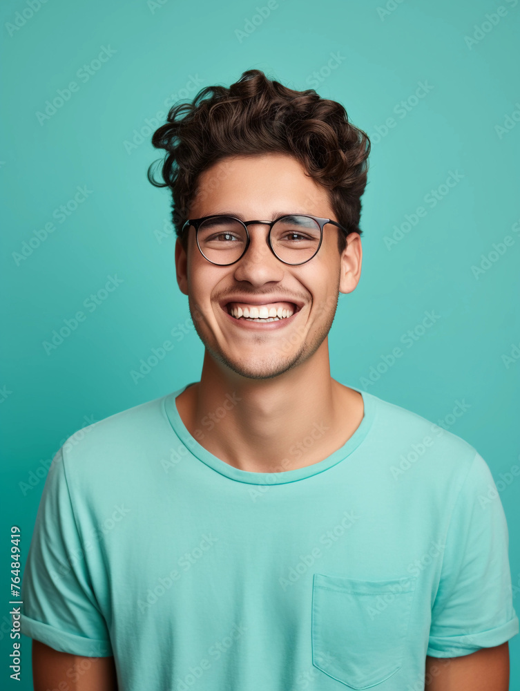 Portrait of young smiling man wearing glasses isolated on turquoise background with space for inscriptions or text Portrait of young smiling man wearing glasses isolated on turquoise background with space for inscriptions or text