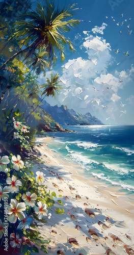 Artistic beach scene with palm trees, azure water, and colorful flowers