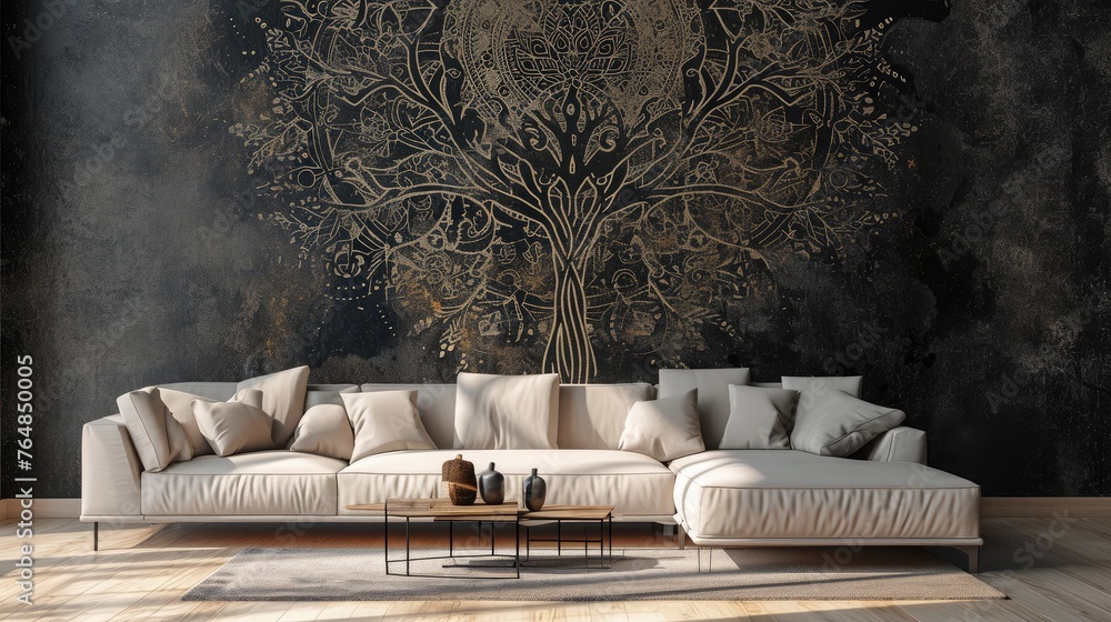 an eye-catching scene featuring a tree mandala design on a deep solid wall, enhanced by the presence of a plush sofa.