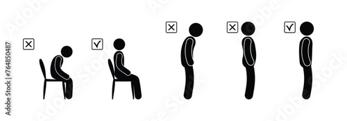 correct posture icon, illustration of stoop and scoliosis, stick figure man, isolated human silhouette bent back