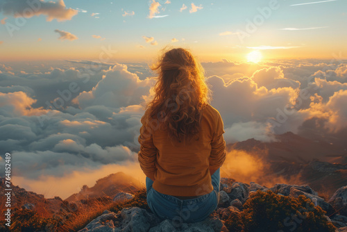 A woman gazes at a breathtaking sunset from a mountain peak, surrounded by a sea of clouds, with a sense of achievement and wonder