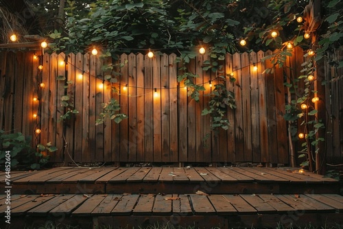 Evening Wooden Stage In The Garden With Lamps For Parties Or Wedding. generative ai.
