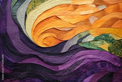 an abstract quilt made of purple and green colors, in the style of naturalistic landscape backgrounds